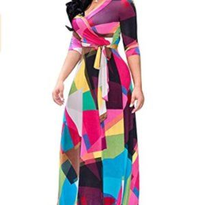 Locryz Women's V Neck 3/4 Sleeve Dress